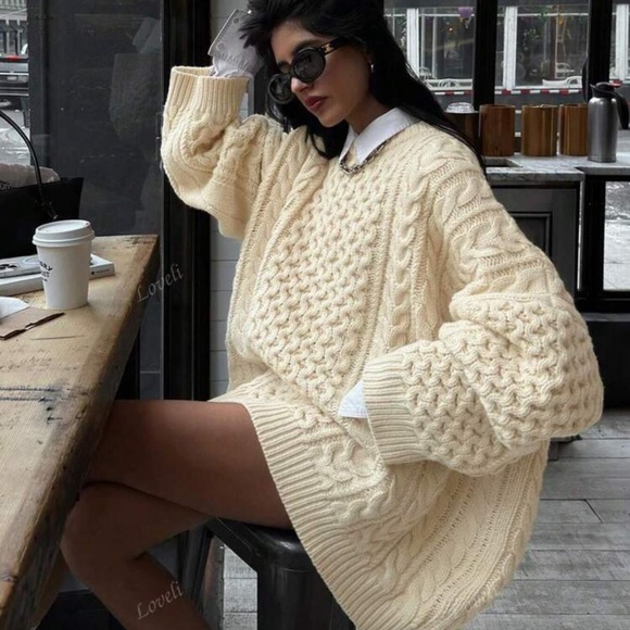 Women's Fashionable Casual Solid Color Cable Drop Shoulder Long Sleeve Round Cre - Picture 4 of 5
